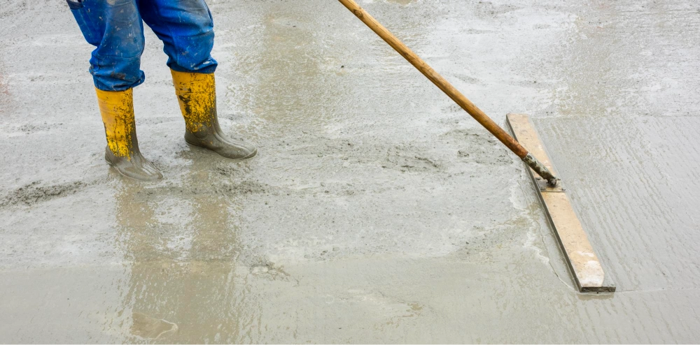 Concrete contractor at concrete work project in Michigan, pouring wet concrete